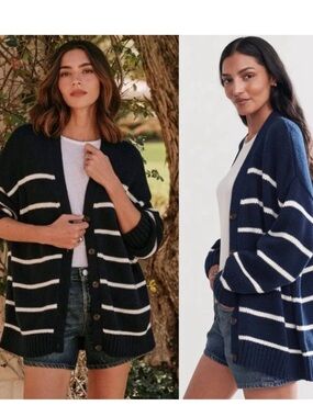Jenni Kayne Navy and White Striped Button Cardigan